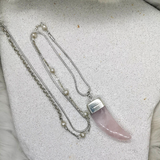 Rose Quartz Claw Pendant on a Vintage Pearl Sterling Silver Chain.