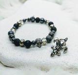 Vintage Bead and Skull Stretch Bracelet with Fleur De Lis Pin