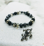 Vintage Bead and Skull Stretch Bracelet with Fleur De Lis Pin