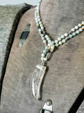 Crystal Quartz Horn Pendant on a Hand Knotted Amazonite & Vintage Crystal Necklace
